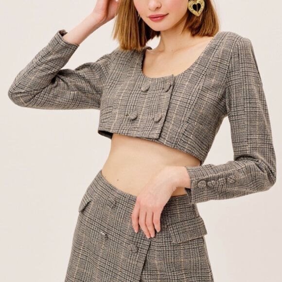 For Love & Lemons Frankie Plaid Crop Top Grey Wool Blend Large MSRP $189 - Picture 1 of 10